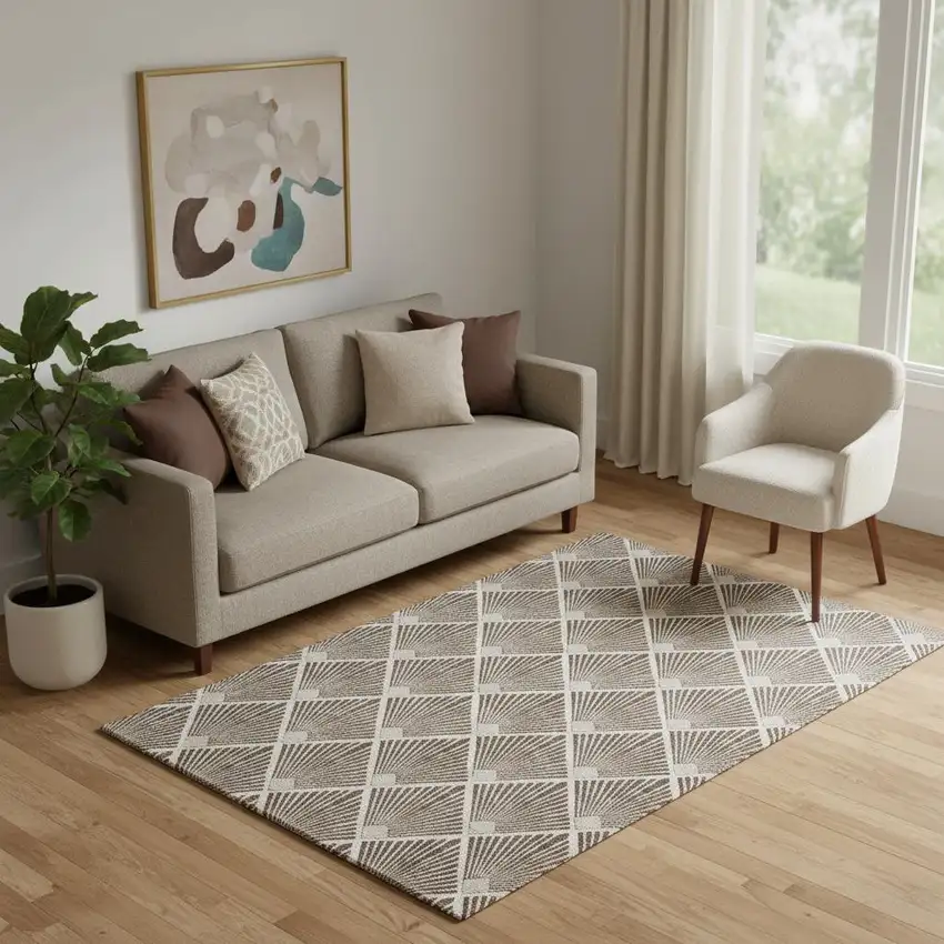 Brown And Beige Abstract Geometric Washable Area Rug With UV Protection Photo 1