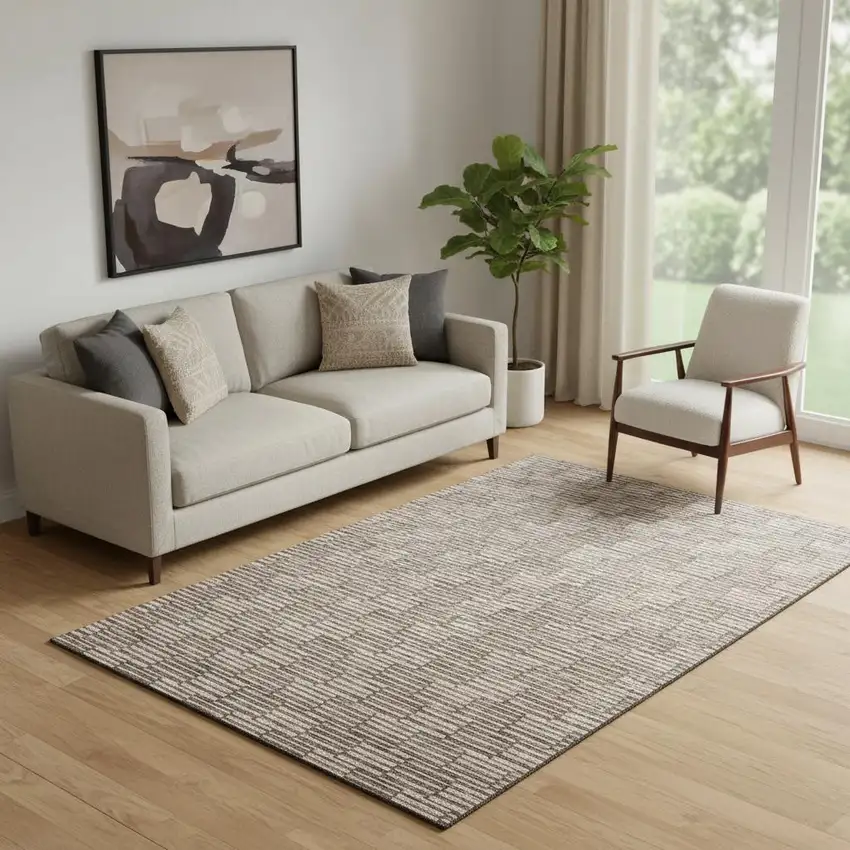 Brown And Beige Abstract Geometric Washable Area Rug With UV Protection Photo 1