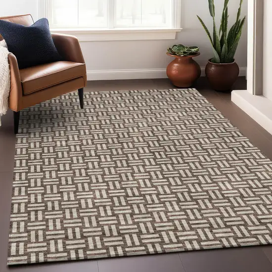Brown And Beige Abstract Geometric Washable Area Rug With UV Protection Photo 4