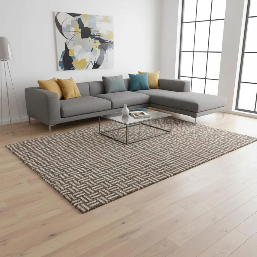 Brown And Beige Abstract Geometric Washable Area Rug With UV Protection Photo 2