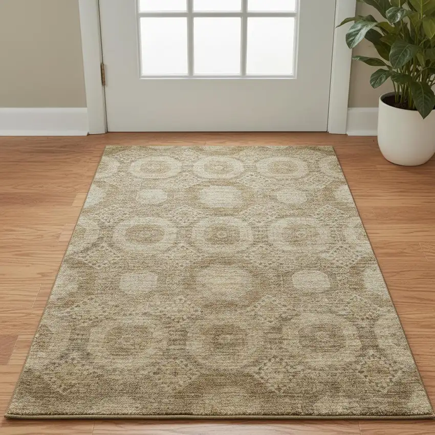 Brown And Beige Abstract Geometric Washable Area Rug With UV Protection Photo 2