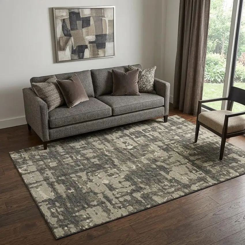 Brown And Beige Abstract Distressed Washable Area Rug With UV Protection Photo 1