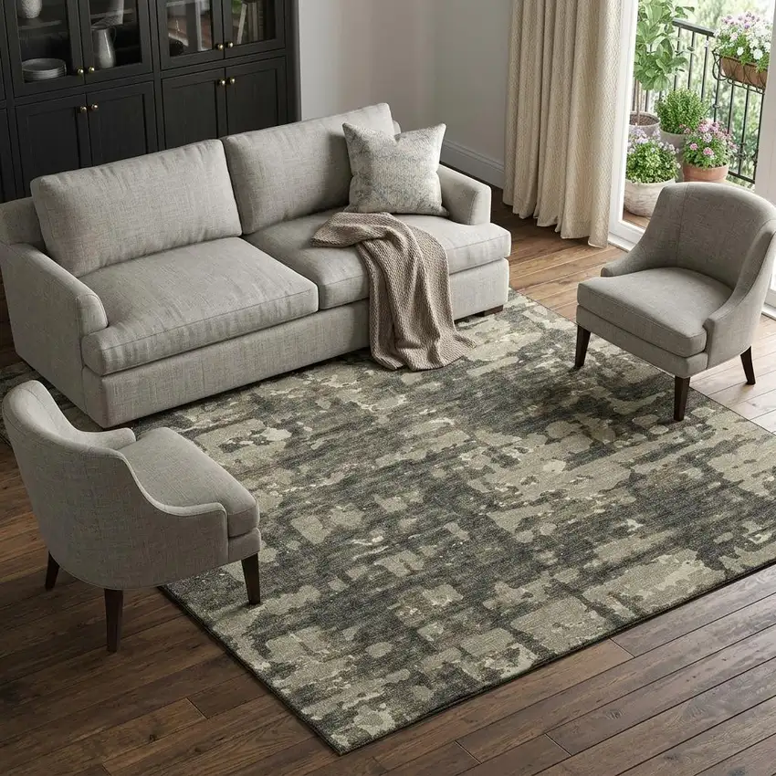Brown And Beige Abstract Distressed Washable Area Rug With UV Protection Photo 1