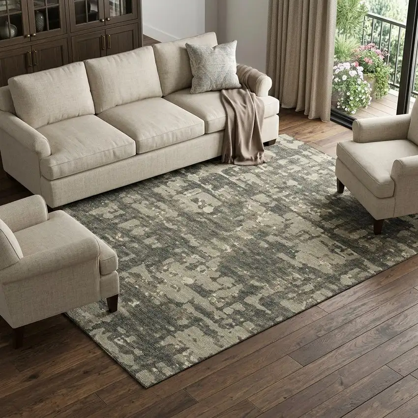 Brown And Beige Abstract Distressed Washable Area Rug With UV Protection Photo 1