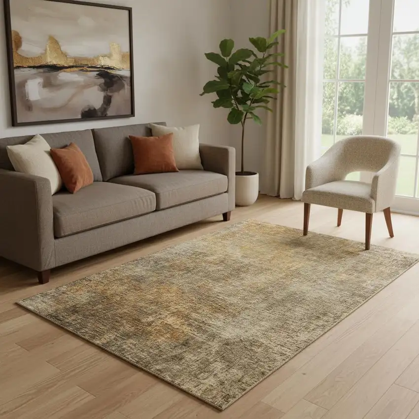 Brown And Beige Abstract Washable Area Rug With UV Protection Photo 1