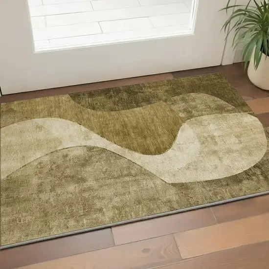 Brown And Beige Abstract Washable Area Rug With UV Protection Photo 2