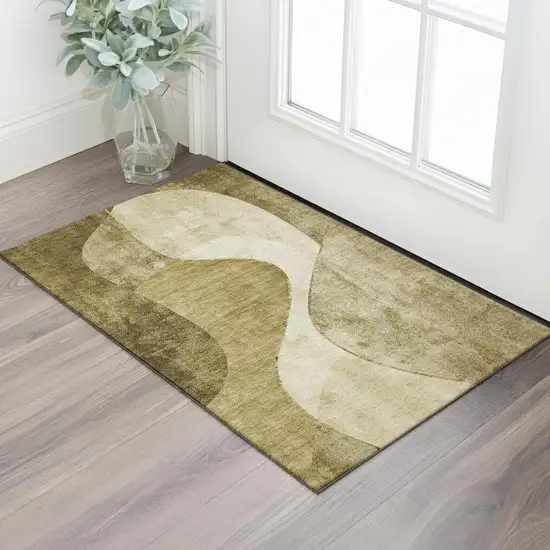 Brown And Beige Abstract Washable Area Rug With UV Protection Photo 1