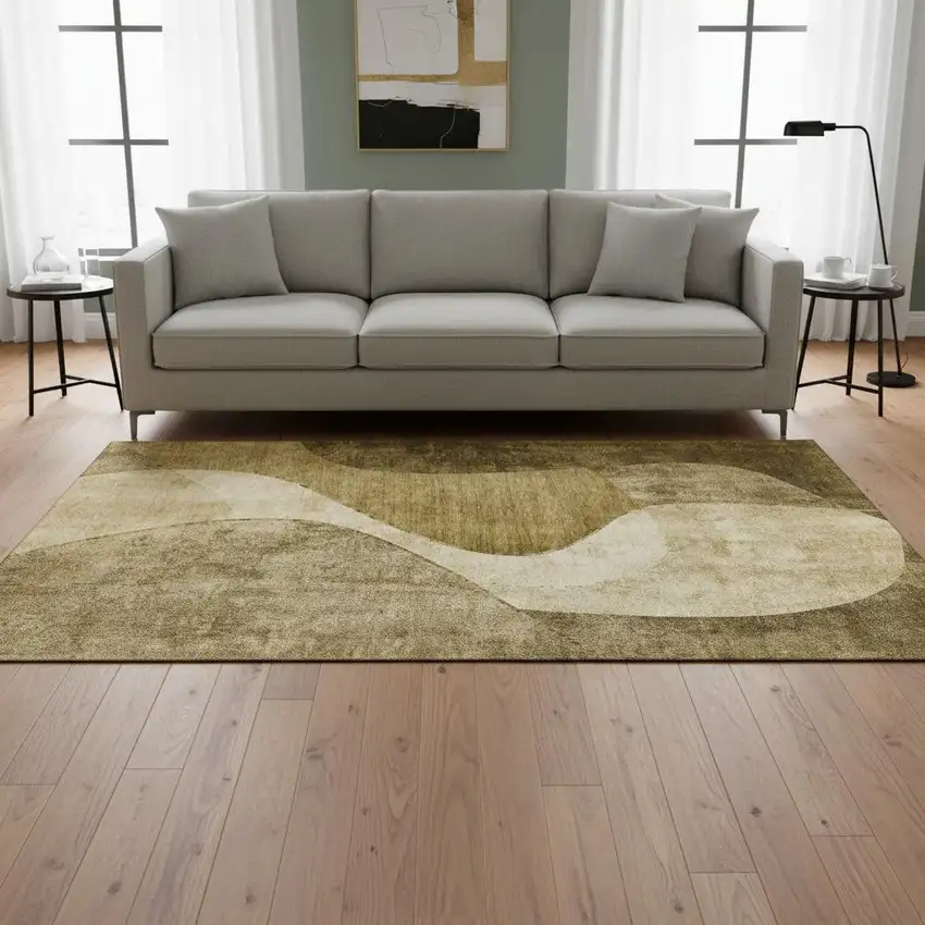 Brown And Beige Abstract Washable Area Rug With UV Protection Photo 2