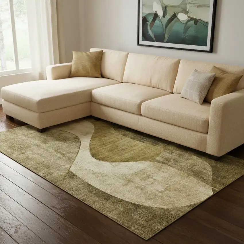 Brown And Beige Abstract Washable Area Rug With UV Protection Photo 1