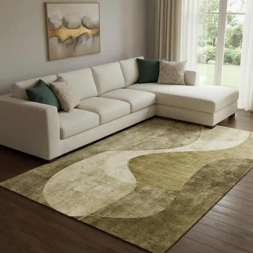 Brown And Beige Abstract Washable Area Rug With UV Protection Photo 1