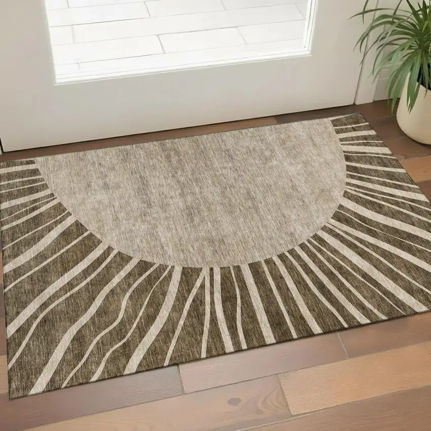 Brown And Beige Abstract Washable Area Rug With UV Protection Photo 1
