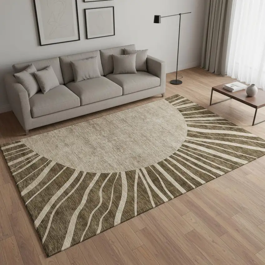 Brown And Beige Abstract Washable Area Rug With UV Protection Photo 1