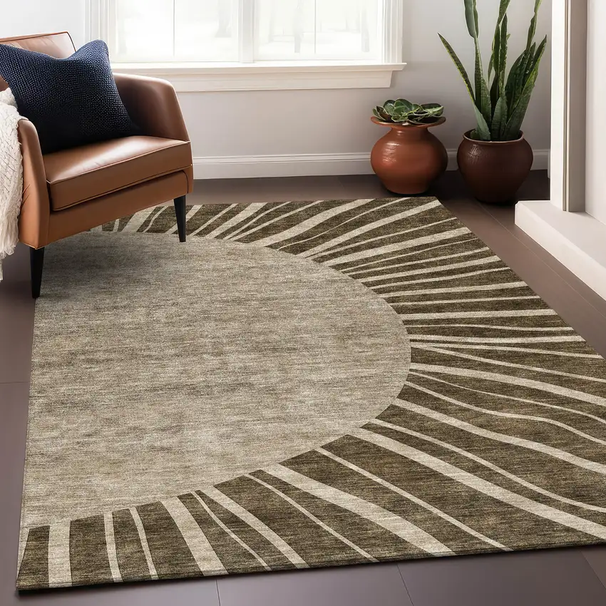 Brown And Beige Abstract Washable Area Rug With UV Protection Photo 6