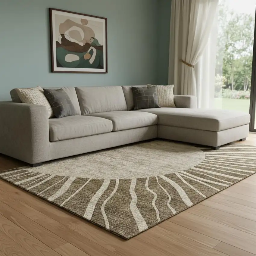 Brown And Beige Abstract Washable Area Rug With UV Protection Photo 1