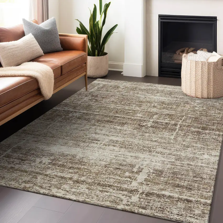 Brown And Beige Abstract Washable Area Rug With UV Protection Photo 5