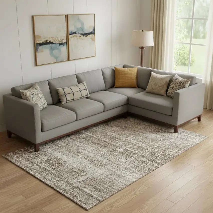 Brown And Beige Abstract Washable Area Rug With UV Protection Photo 1