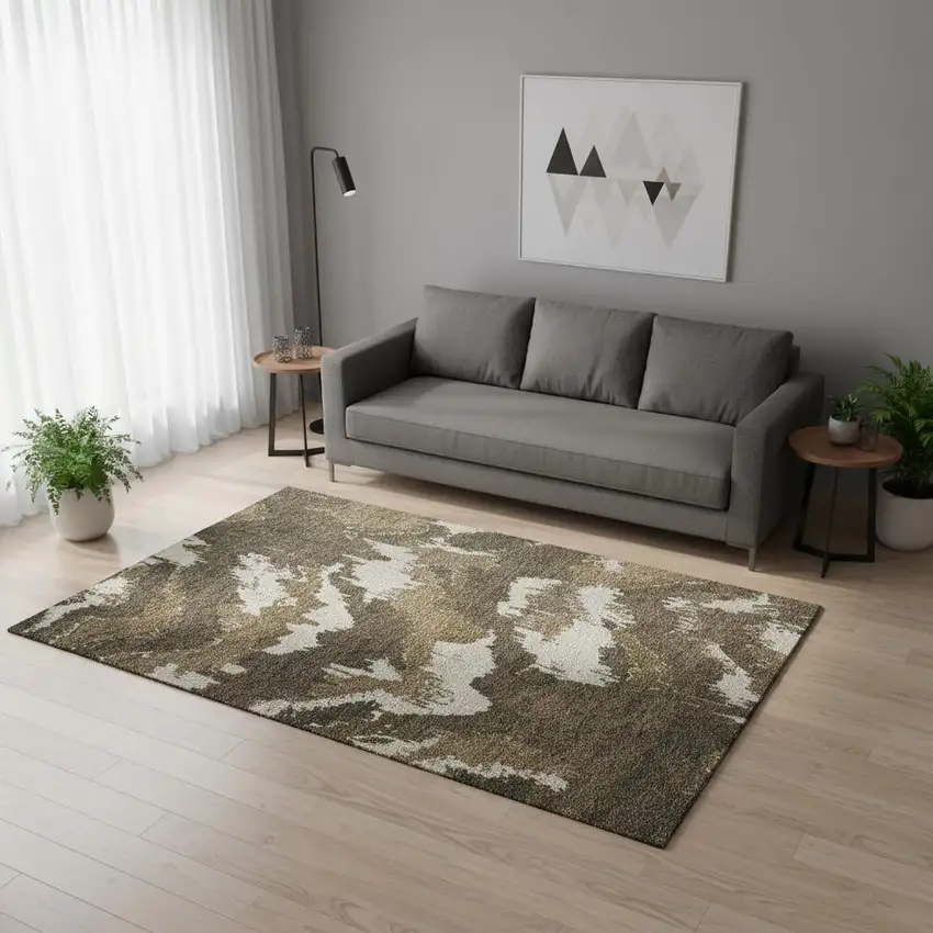 Brown And Beige Abstract Washable Area Rug With UV Protection Photo 1