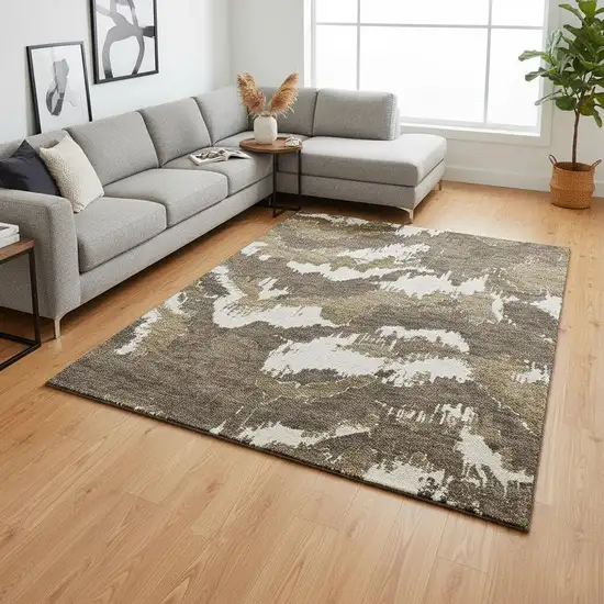 Brown And Beige Abstract Washable Area Rug With UV Protection Photo 1
