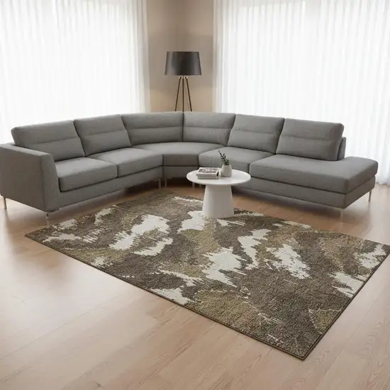 Brown And Beige Abstract Washable Area Rug With UV Protection Photo 1