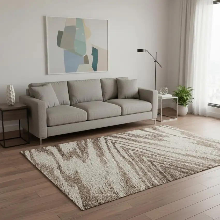 Brown And Beige Abstract Washable Area Rug With UV Protection Photo 2