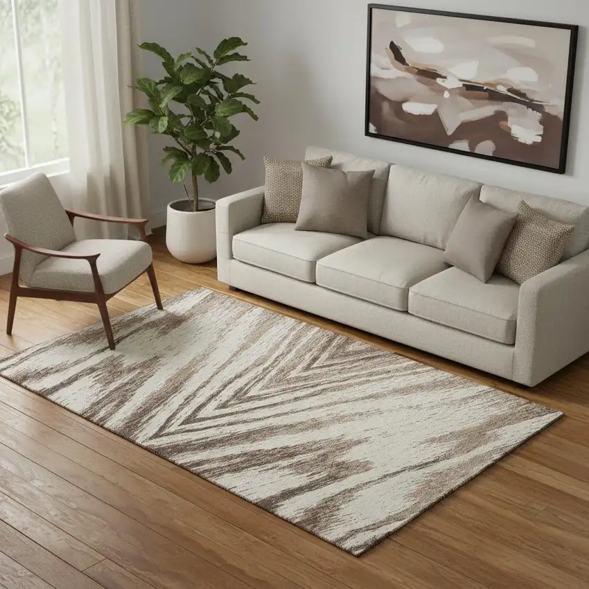 Brown And Beige Abstract Washable Area Rug With UV Protection Photo 1