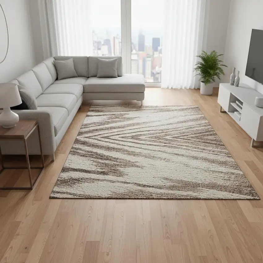 Brown And Beige Abstract Washable Area Rug With UV Protection Photo 2