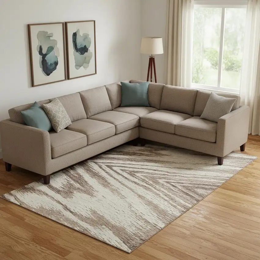 Brown And Beige Abstract Washable Area Rug With UV Protection Photo 1