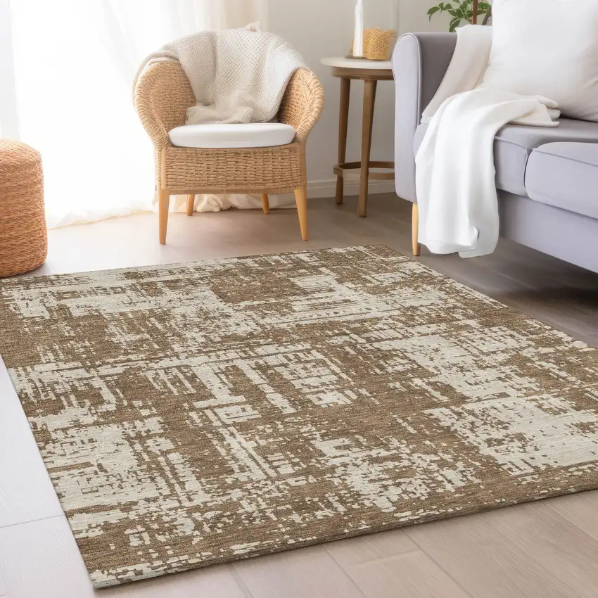 Brown And Beige Abstract Washable Area Rug With UV Protection Photo 4