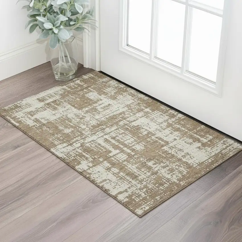 Brown And Beige Abstract Washable Area Rug With UV Protection Photo 1