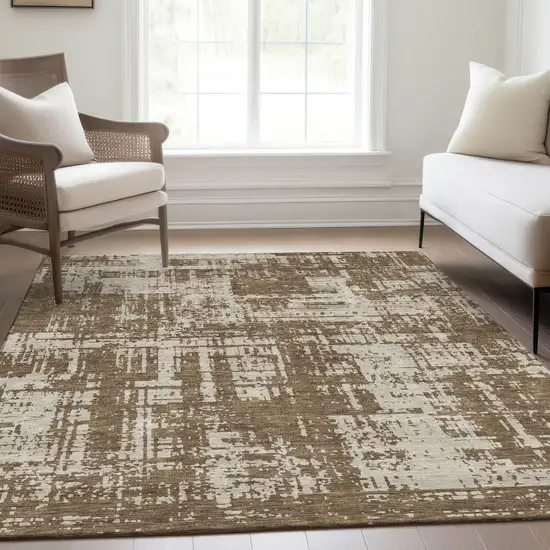 Brown And Beige Abstract Washable Area Rug With UV Protection Photo 5