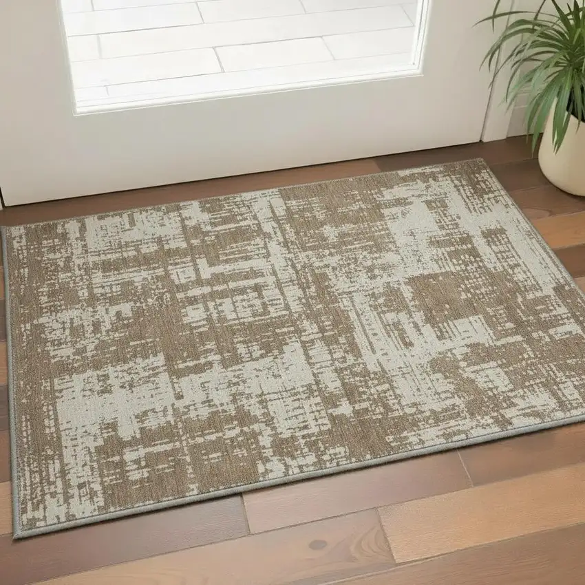 Brown And Beige Abstract Washable Area Rug With UV Protection Photo 2