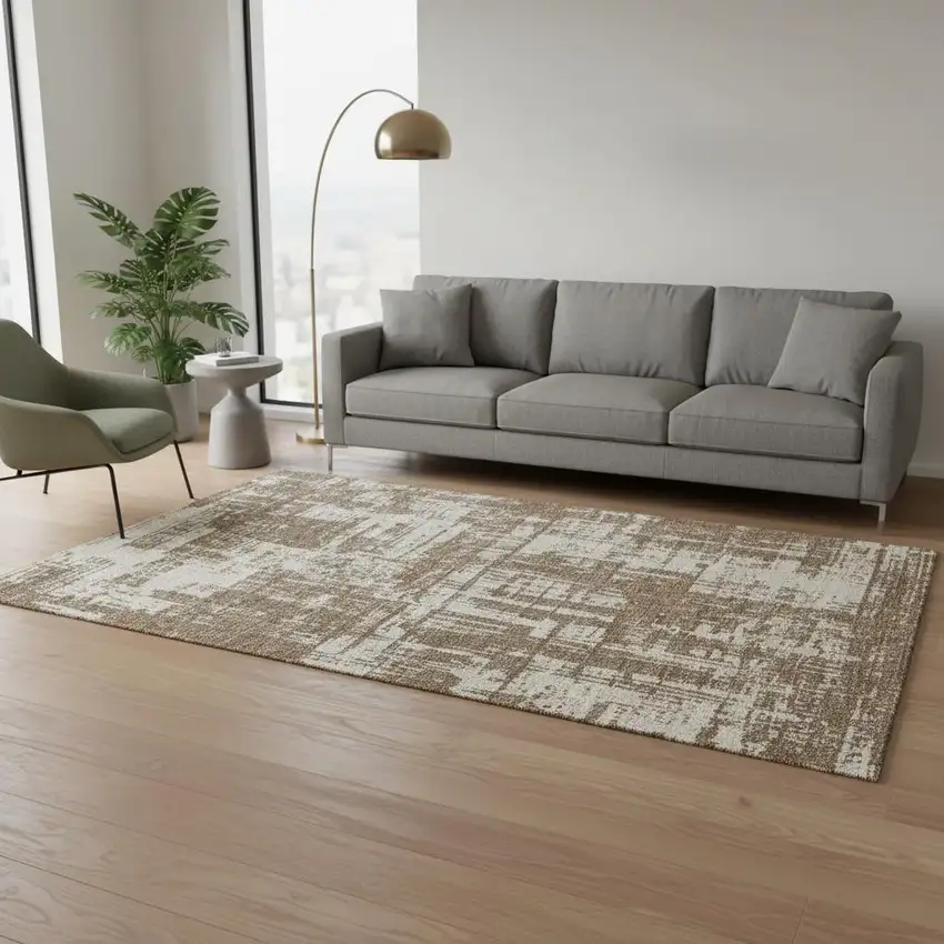 Brown And Beige Abstract Washable Area Rug With UV Protection Photo 2