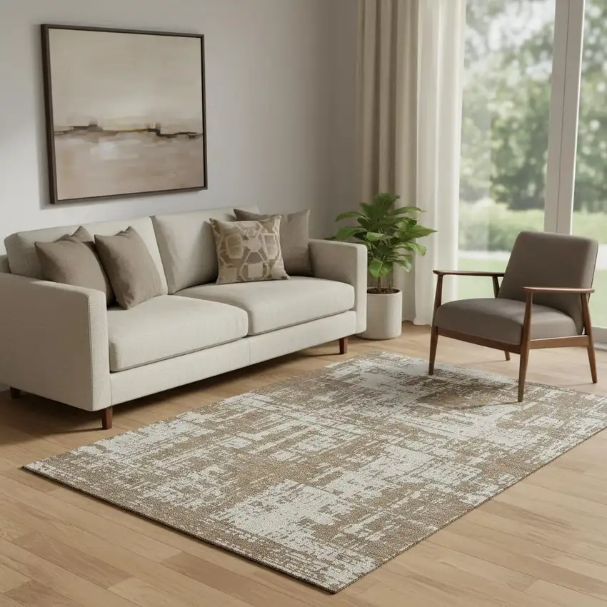 Brown And Beige Abstract Washable Area Rug With UV Protection Photo 1