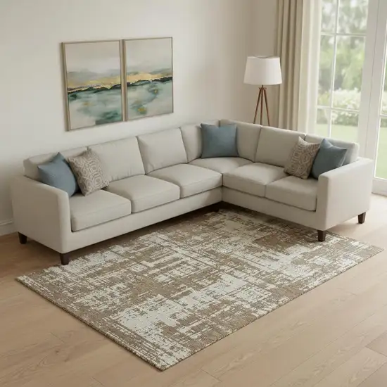 Brown And Beige Abstract Washable Area Rug With UV Protection Photo 1