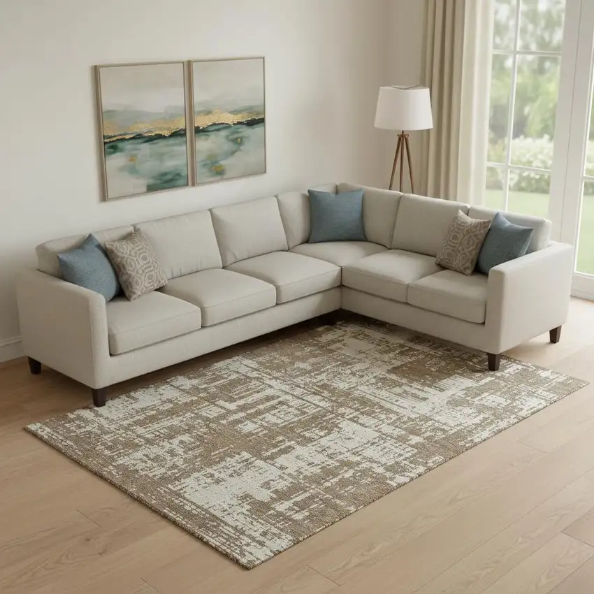 Brown And Beige Abstract Washable Area Rug With UV Protection Photo 1