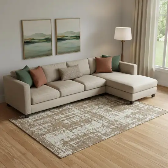 Brown And Beige Abstract Washable Area Rug With UV Protection Photo 1