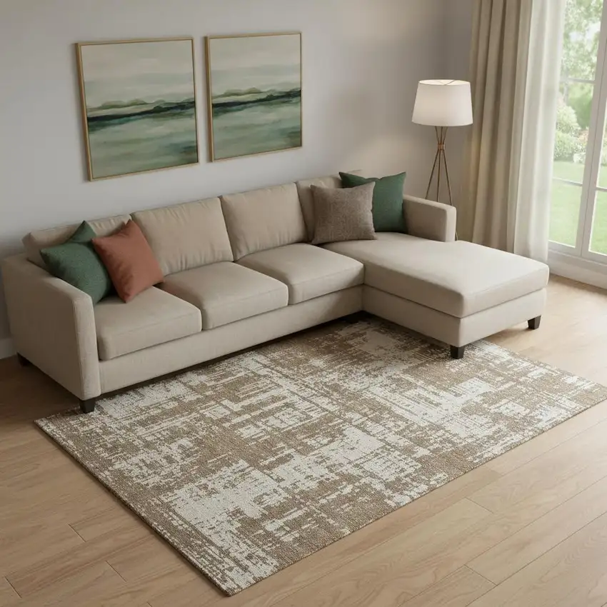 Brown And Beige Abstract Washable Area Rug With UV Protection Photo 1