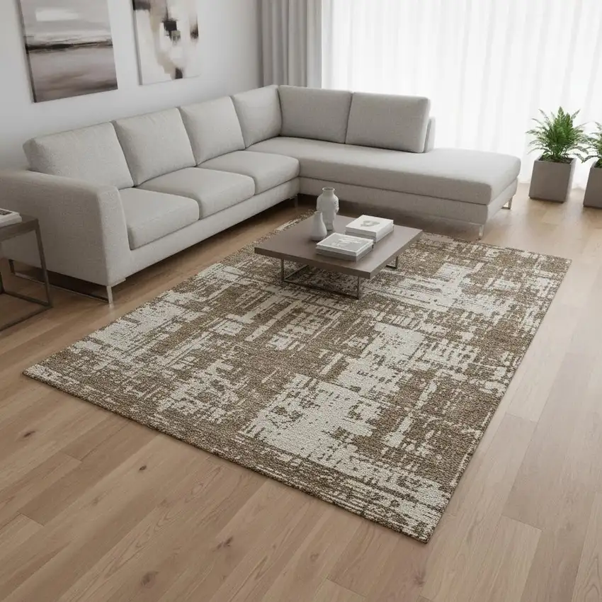 Brown And Beige Abstract Washable Area Rug With UV Protection Photo 2