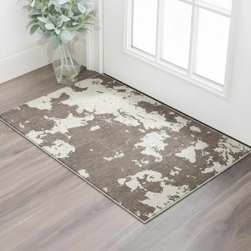 Brown And Beige Abstract Washable Area Rug With UV Protection Photo 2