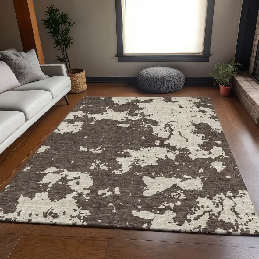 Brown And Beige Abstract Washable Area Rug With UV Protection Photo 6