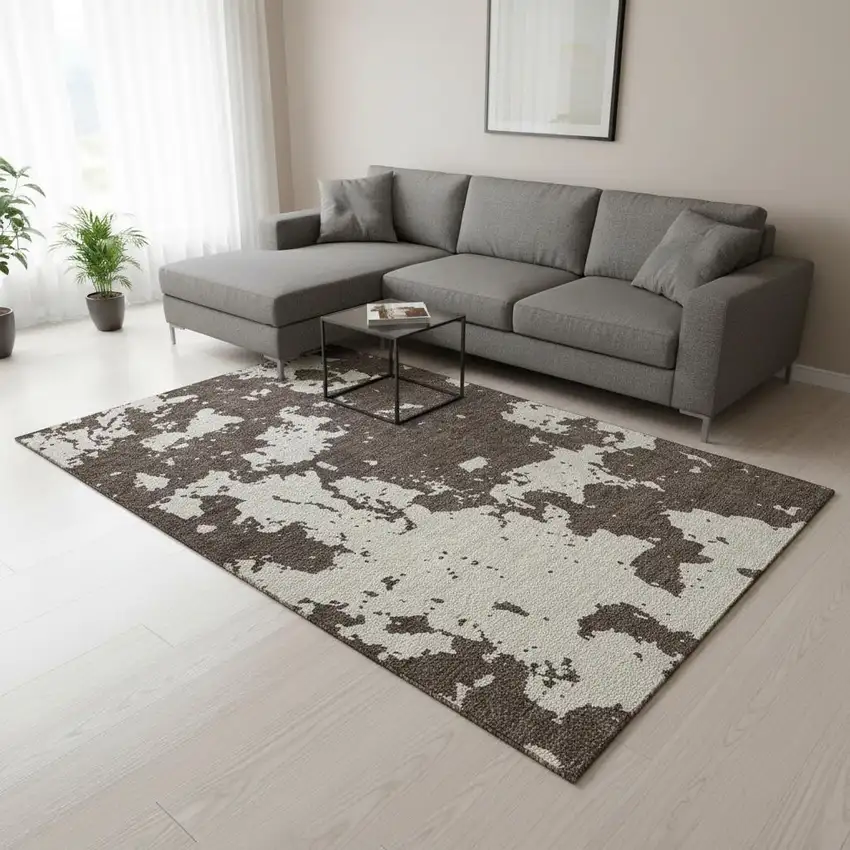 Brown And Beige Abstract Washable Area Rug With UV Protection Photo 2