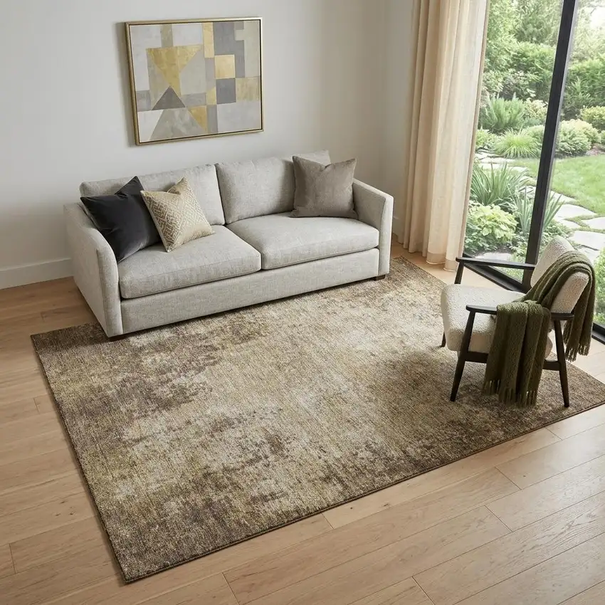 Brown And Beige Abstract Washable Area Rug With UV Protection Photo 1