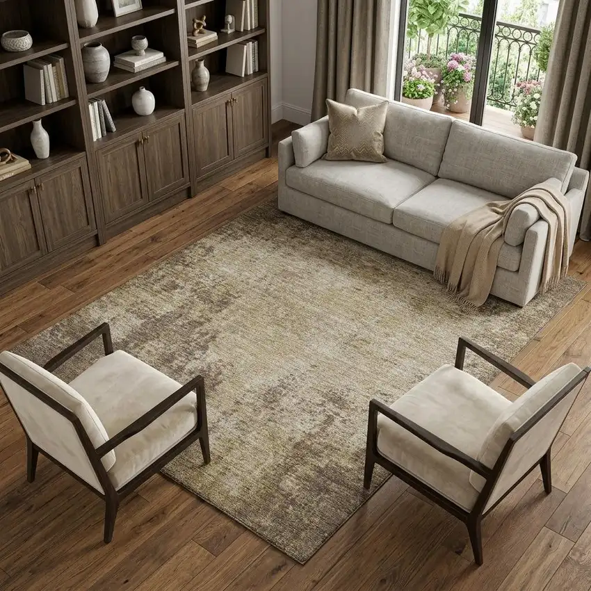 Brown And Beige Abstract Washable Area Rug With UV Protection Photo 1