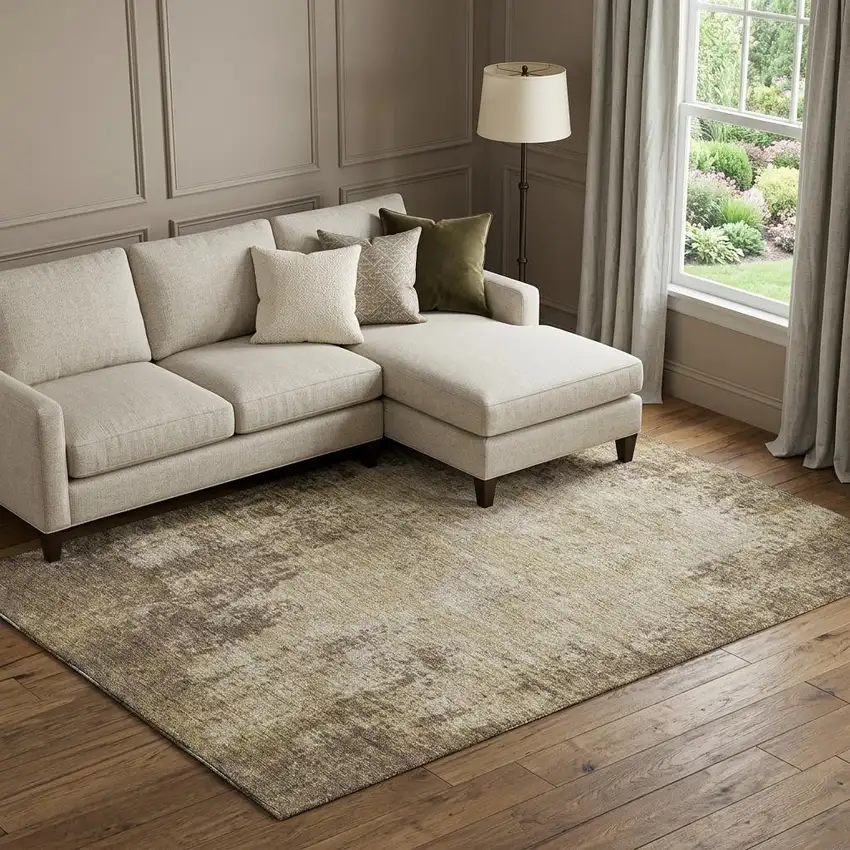 Brown And Beige Abstract Washable Area Rug With UV Protection Photo 1