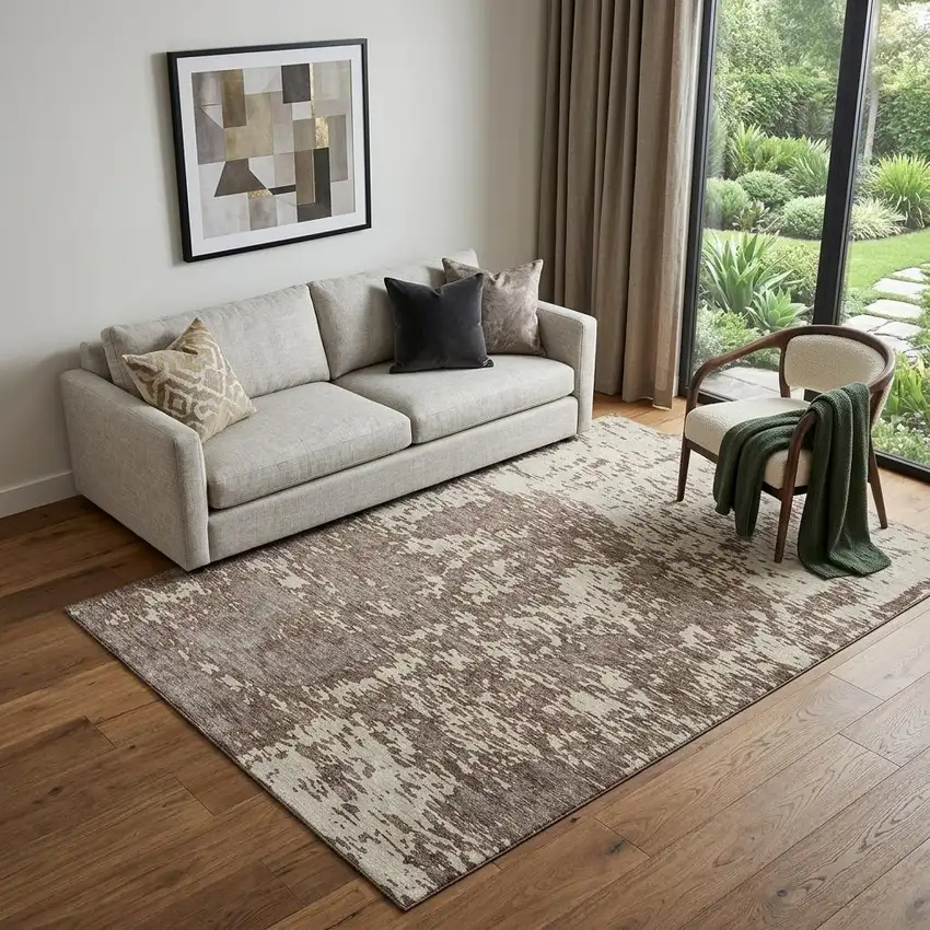 Brown And Beige Abstract Washable Area Rug With UV Protection Photo 1