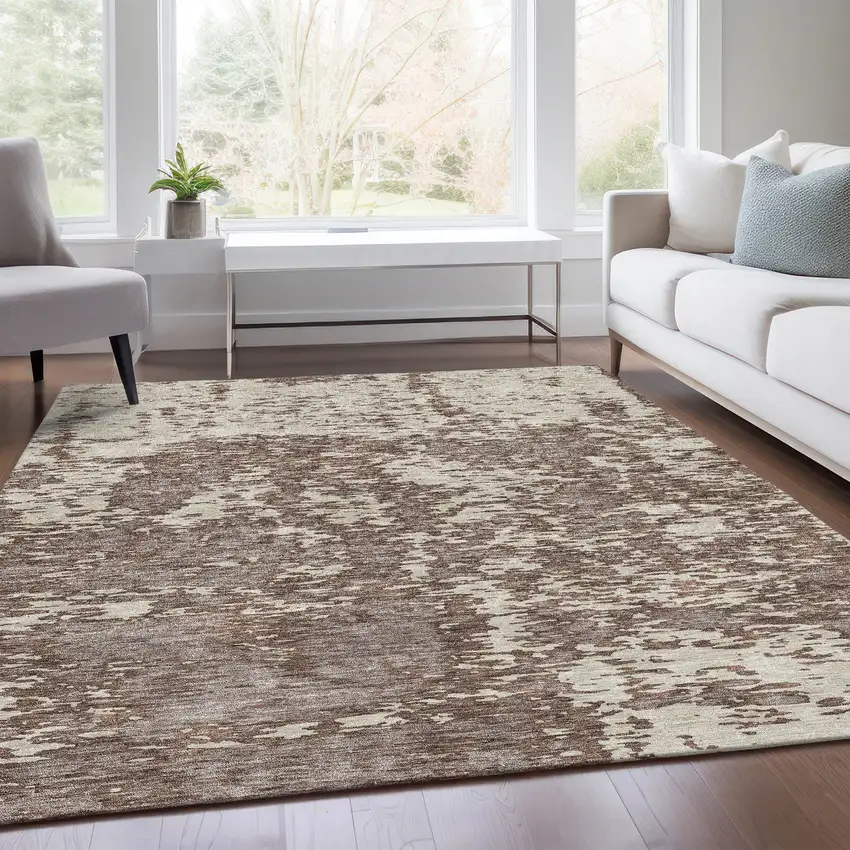 Brown And Beige Abstract Washable Area Rug With UV Protection Photo 5