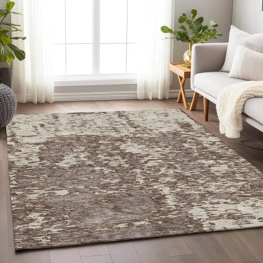 Brown And Beige Abstract Washable Area Rug With UV Protection Photo 4