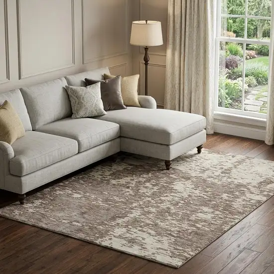 Brown And Beige Abstract Washable Area Rug With UV Protection Photo 1