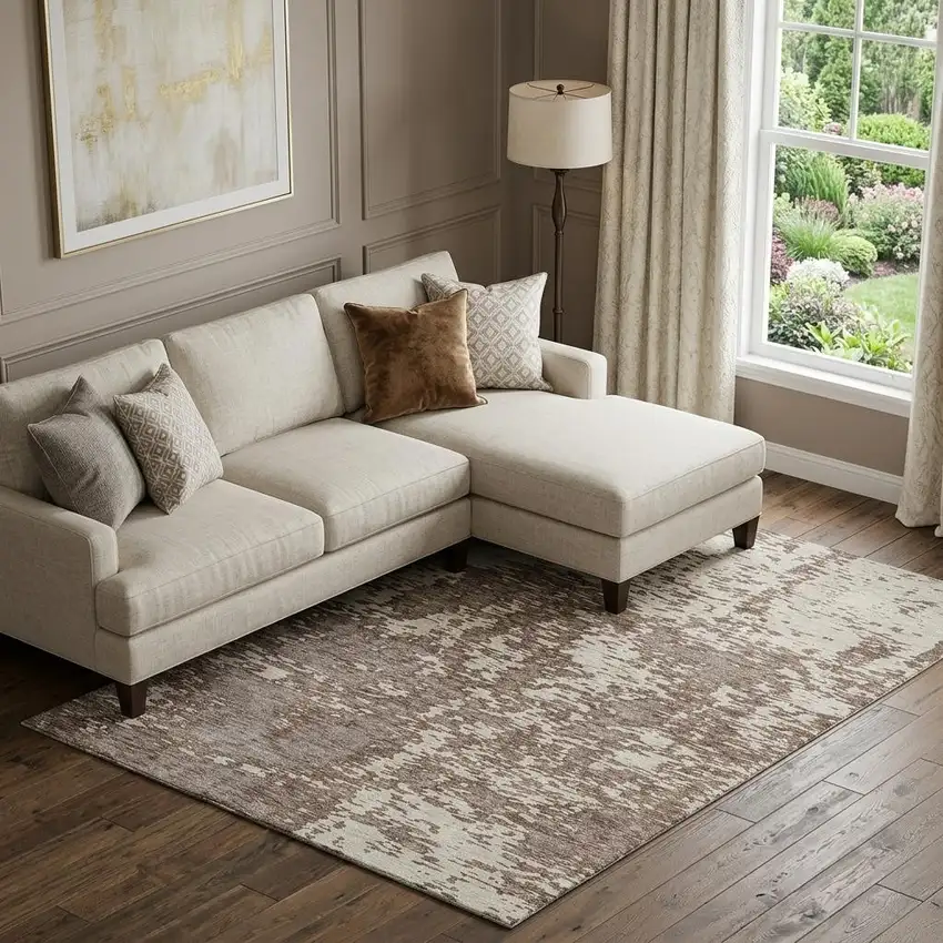 Brown And Beige Abstract Washable Area Rug With UV Protection Photo 1