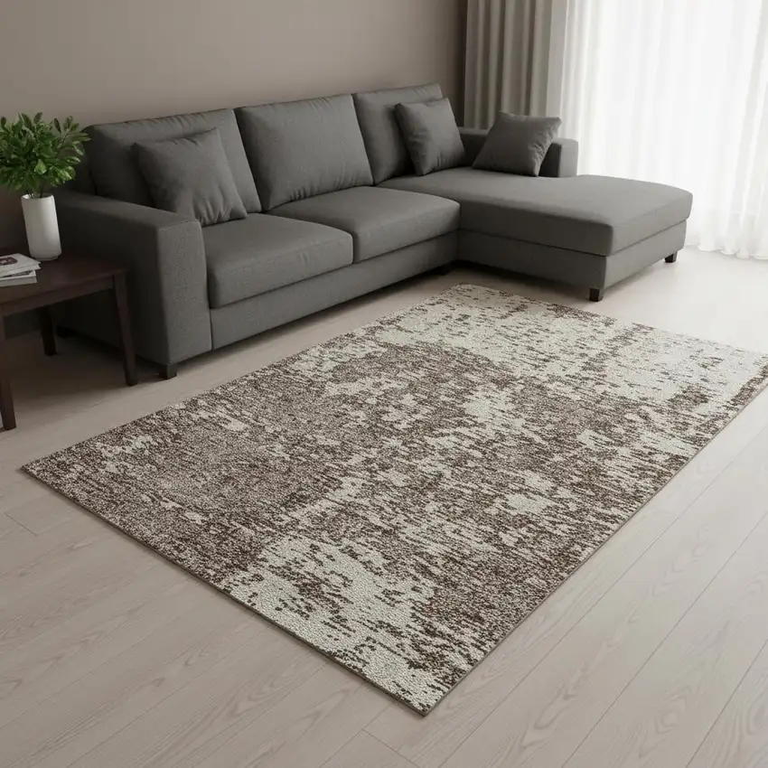 Brown And Beige Abstract Washable Area Rug With UV Protection Photo 2